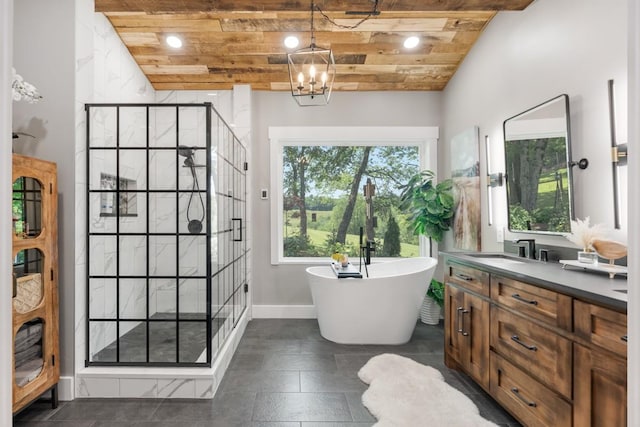 2878 Fly Rd, Santa Fe, TN 38482 - full bathroom with vanity, a stall shower, wooden ceiling, a freestanding bath, and baseboards