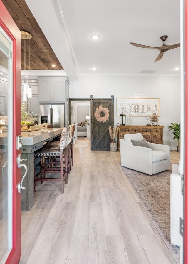 2878 Fly Rd, Santa Fe, TN 38482 - living room featuring ornamental molding, ceiling fan, light wood-type flooring, and recessed lighting