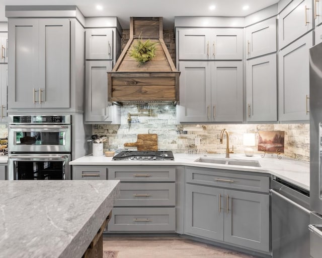 2878 Fly Rd, Santa Fe, TN 38482 - kitchen featuring gray cabinets, appliances with stainless steel finishes, a sink, custom range hood, and decorative backsplash