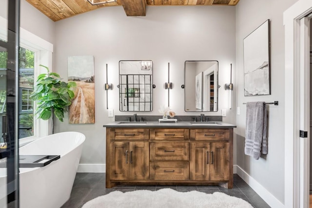 2878 Fly Rd, Santa Fe, TN 38482 - full bath with baseboards, double vanity, a freestanding bath, wood ceiling, and tile patterned flooring