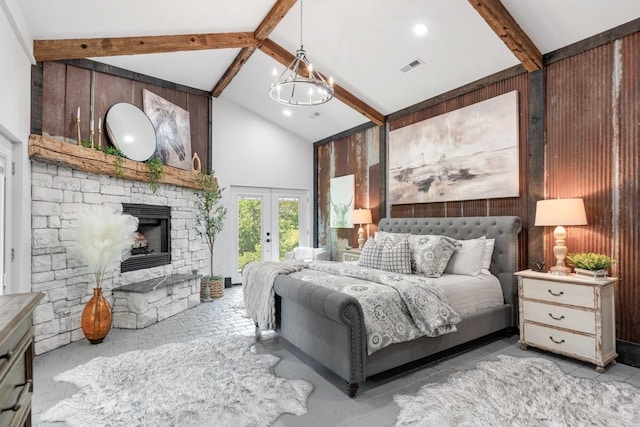 2878 Fly Rd, Santa Fe, TN 38482 - bedroom with beam ceiling, french doors, access to exterior, a stone fireplace, and high vaulted ceiling