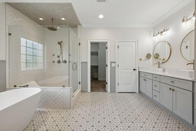 3317 Clovercroft Dr, Murfreesboro, TN 37130 - bathroom with a shower stall, double vanity, a freestanding tub, crown molding, and recessed lighting