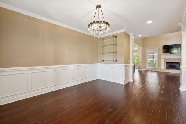 3317 Clovercroft Dr, Murfreesboro, TN 37130 - unfurnished dining area with a premium fireplace, a chandelier, dark wood-type flooring, recessed lighting, and crown molding