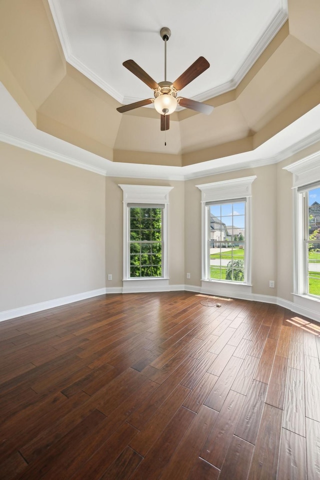 3317 Clovercroft Dr, Murfreesboro, TN 37130 - spare room with a ceiling fan, a tray ceiling, dark wood finished floors, ornamental molding, and baseboards