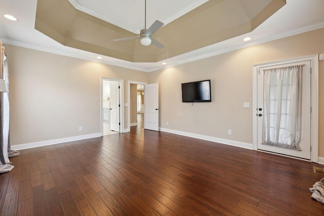 3317 Clovercroft Dr, Murfreesboro, TN 37130 - unfurnished living room featuring a tray ceiling, ceiling fan, dark wood-style flooring, crown molding, and baseboards
