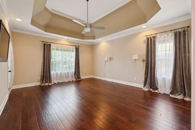 3317 Clovercroft Dr, Murfreesboro, TN 37130 - spare room featuring a raised ceiling, ceiling fan, dark wood-type flooring, baseboards, and crown molding