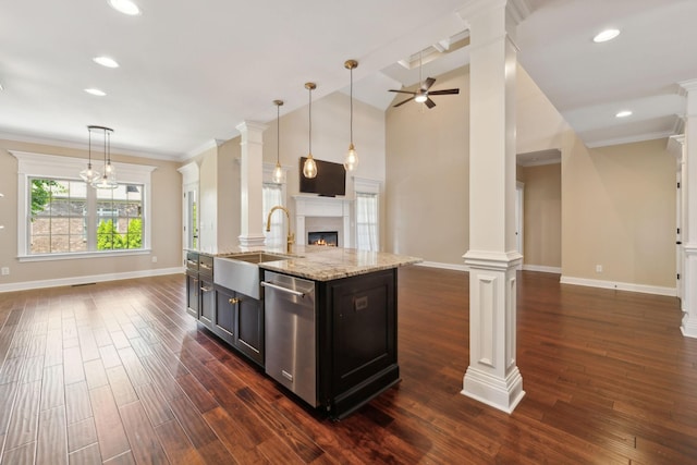 3317 Clovercroft Dr, Murfreesboro, TN 37130 - kitchen featuring open floor plan, stainless steel dishwasher, ceiling fan, ornate columns, and a sink