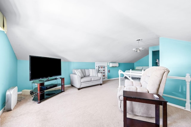 802 N 16th St, Nashville, TN 37206 - carpeted living room with a wall mounted air conditioner, lofted ceiling, baseboards, and a chandelier