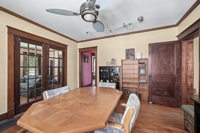 802 N 16th St, Nashville, TN 37206 - dining area featuring french doors, ceiling fan, wood finished floors, and ornamental molding