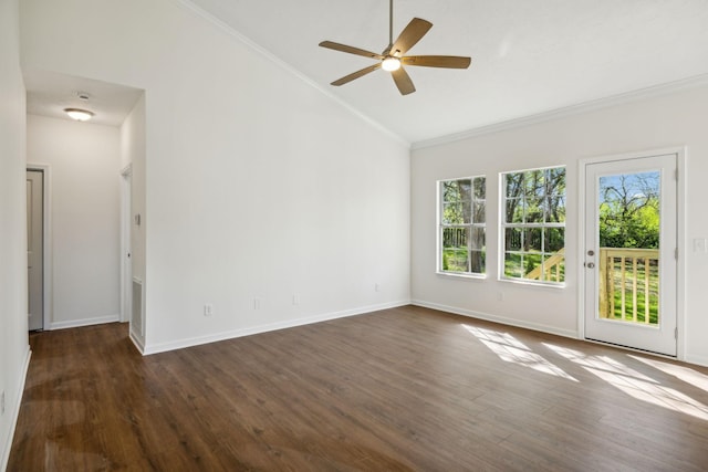 808 Split Oak Ct, Antioch, TN 37013 - spare room featuring lofted ceiling, ceiling fan, ornamental molding, dark wood-style floors, and baseboards