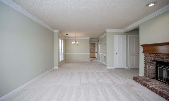 936 E Northfield Blvd, Murfreesboro, TN 37130 - unfurnished living room with a chandelier, a fireplace, light carpet, a textured ceiling, and ornamental molding