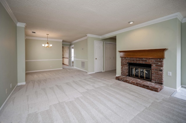 936 E Northfield Blvd, Murfreesboro, TN 37130 - unfurnished living room featuring a chandelier, a brick fireplace, light carpet, ornamental molding, and baseboards