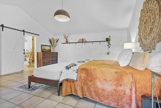 8801 Cedar Grove Rd, Cross Plains, TN 37049 - tiled bedroom featuring a barn door and lofted ceiling