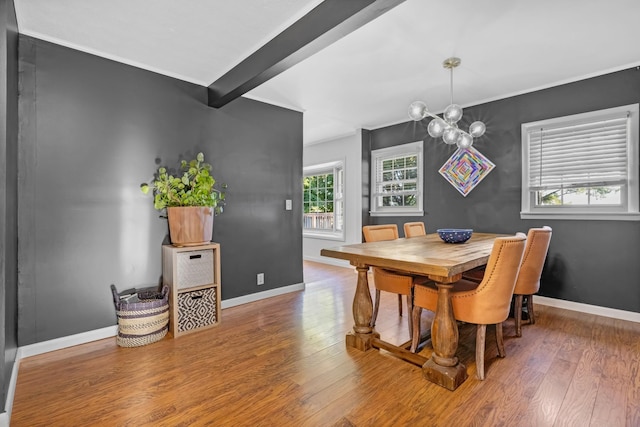 8801 Cedar Grove Rd, Cross Plains, TN 37049 - dining room with wood finished floors, baseboards, beamed ceiling, and a chandelier