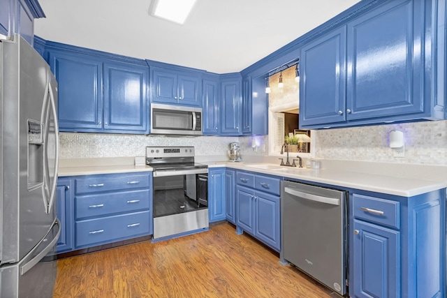 8801 Cedar Grove Rd, Cross Plains, TN 37049 - kitchen with appliances with stainless steel finishes, blue cabinets, a sink, and light countertops