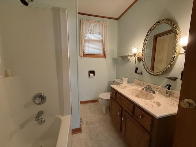 563 Ashe Ave, New Johnsonville, TN 37134 - full bathroom featuring vanity, ornamental molding, toilet, baseboards, and shower / bath combination