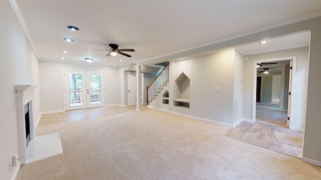 3012 Owendale Dr, Antioch, TN 37013 - unfurnished living room with a ceiling fan, light carpet, ornamental molding, baseboards, and recessed lighting