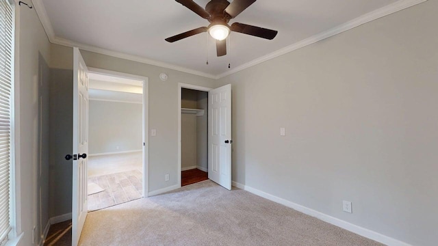 3012 Owendale Dr, Antioch, TN 37013 - unfurnished bedroom with carpet flooring, crown molding, baseboards, a closet, and ceiling fan