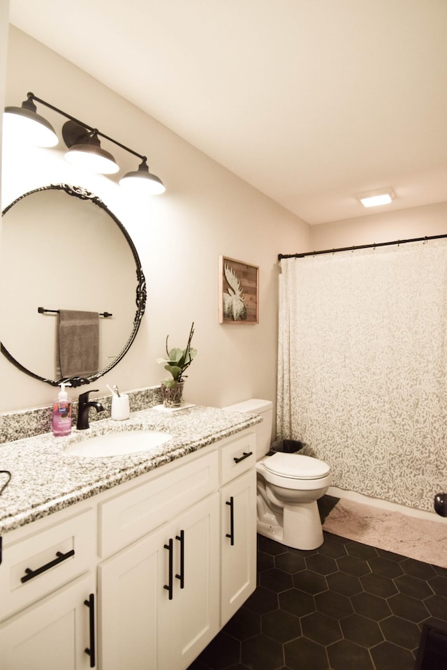 421 Marlin Ln, Westmoreland, TN 37186 - bathroom with vanity, toilet, a shower with shower curtain, and tile patterned floors