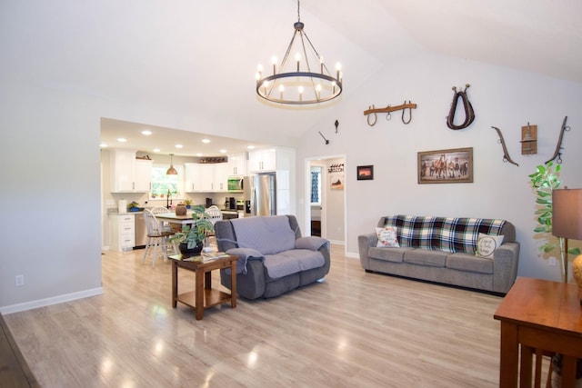 421 Marlin Ln, Westmoreland, TN 37186 - living area featuring a chandelier, light wood finished floors, baseboards, recessed lighting, and high vaulted ceiling