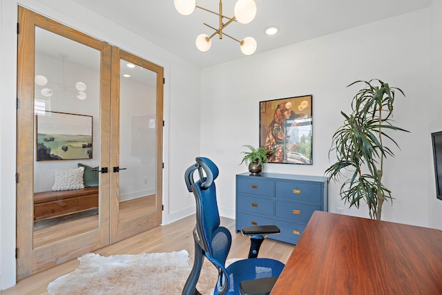 1003 Alice St Unit B, Nashville, TN 37218 - office area featuring french doors, a chandelier, light wood finished floors, recessed lighting, and baseboards