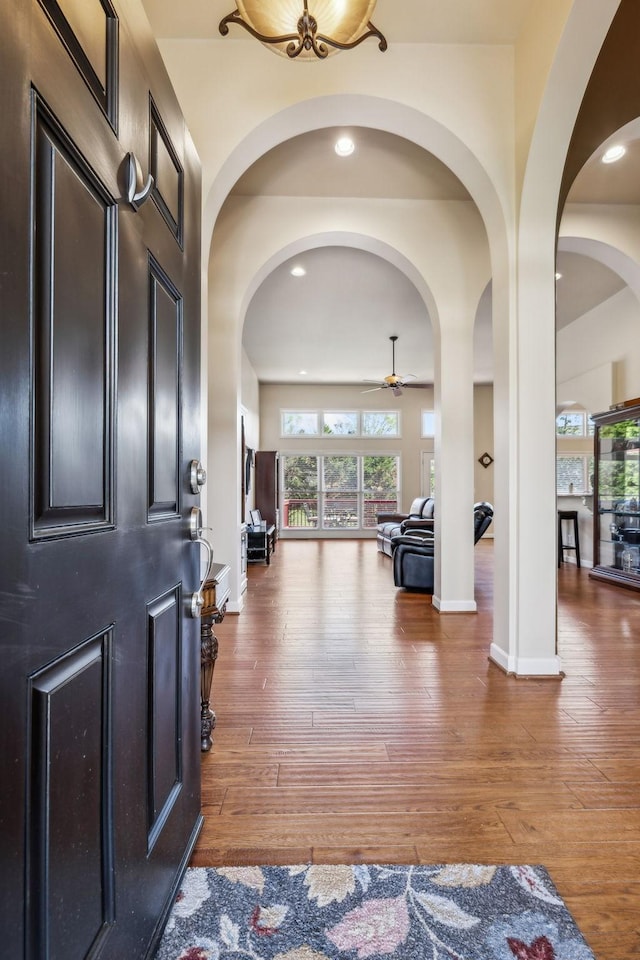 3820 Leona Pass, Hermitage, TN 37076 - foyer with hardwood / wood-style flooring, recessed lighting, ceiling fan, arched walkways, and baseboards