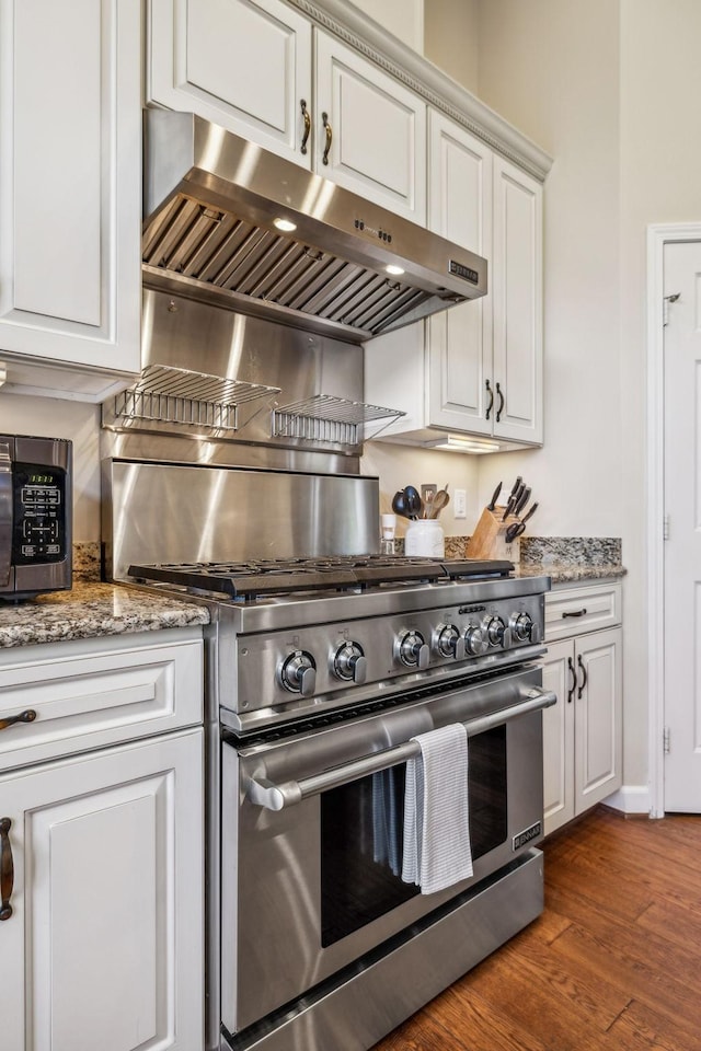 3820 Leona Pass, Hermitage, TN 37076 - kitchen with appliances with stainless steel finishes, under cabinet range hood, white cabinetry, dark wood-type flooring, and light stone countertops