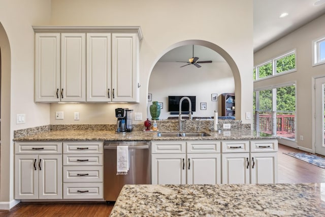 3820 Leona Pass, Hermitage, TN 37076 - kitchen featuring stainless steel dishwasher, a sink, arched walkways, ceiling fan, and dark wood finished floors