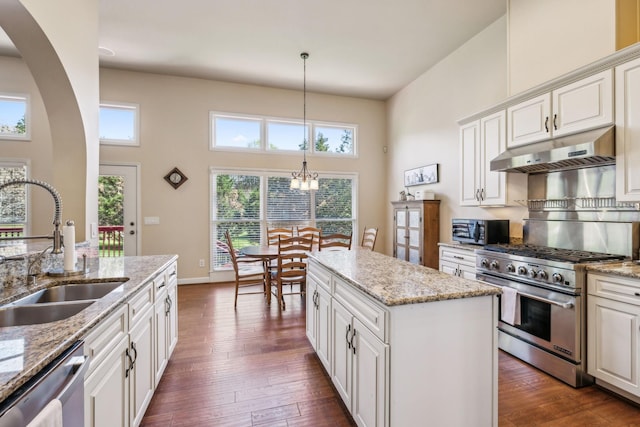 3820 Leona Pass, Hermitage, TN 37076 - kitchen with under cabinet range hood, stainless steel appliances, a towering ceiling, a sink, and arched walkways