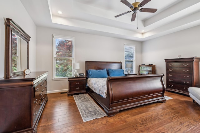 3820 Leona Pass, Hermitage, TN 37076 - bedroom featuring a raised ceiling, dark wood finished floors, baseboards, recessed lighting, and ceiling fan