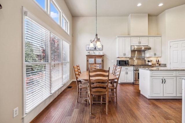 3820 Leona Pass, Hermitage, TN 37076 - dining room with a high ceiling, a chandelier, dark wood finished floors, and recessed lighting