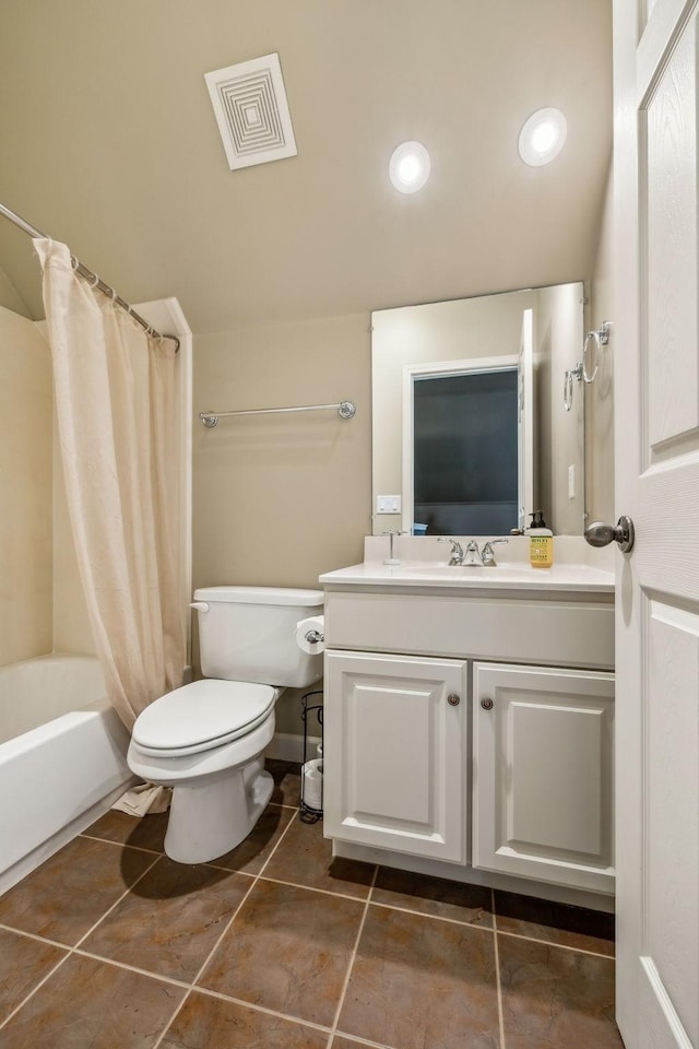 3820 Leona Pass, Hermitage, TN 37076 - bathroom with vanity, toilet, tile patterned flooring, shower / bathtub combination with curtain, and recessed lighting