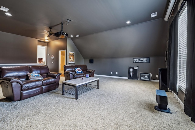 3820 Leona Pass, Hermitage, TN 37076 - cinema room with carpet floors, a ceiling fan, baseboards, lofted ceiling, and recessed lighting