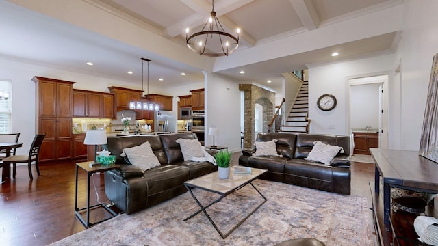 2816 Chatham Place Ct, Thompsons Station, TN 37179 - living room with a chandelier, crown molding, stairs, dark wood-type flooring, and beam ceiling