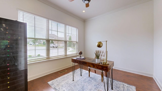 2816 Chatham Place Ct, Thompsons Station, TN 37179 - office space with a ceiling fan, baseboards, wood finished floors, and crown molding