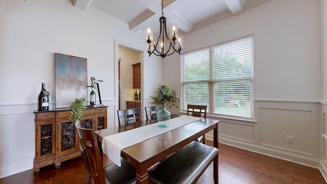 2816 Chatham Place Ct, Thompsons Station, TN 37179 - dining area featuring a chandelier, dark wood finished floors, beamed ceiling, coffered ceiling, and wainscoting