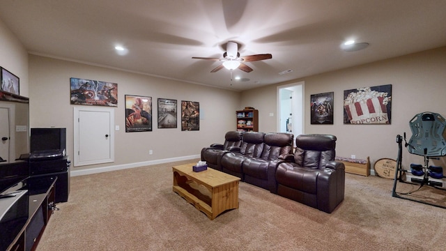 2816 Chatham Place Ct, Thompsons Station, TN 37179 - cinema featuring light colored carpet, a ceiling fan, recessed lighting, and baseboards