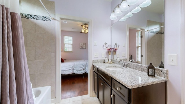 2816 Chatham Place Ct, Thompsons Station, TN 37179 - full bathroom with vanity, shower / bath combination with curtain, connected bathroom, tile patterned flooring, and ceiling fan