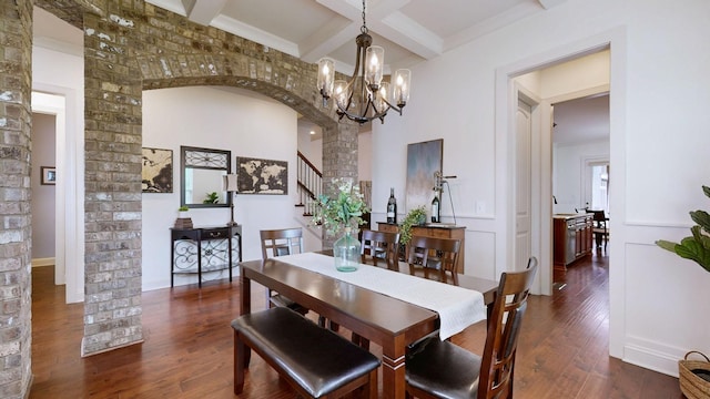 2816 Chatham Place Ct, Thompsons Station, TN 37179 - dining room featuring coffered ceiling, beam ceiling, stairway, wood finished floors, and a chandelier