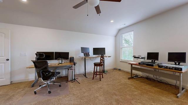 2816 Chatham Place Ct, Thompsons Station, TN 37179 - office area with ceiling fan, carpet, vaulted ceiling, baseboards, and recessed lighting