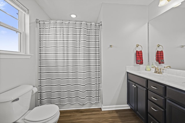 305 Jerry Butler Dr, La Vergne, TN 37086 - full bathroom featuring double vanity, toilet, wood finished floors, baseboards, and shower / tub combo with curtain