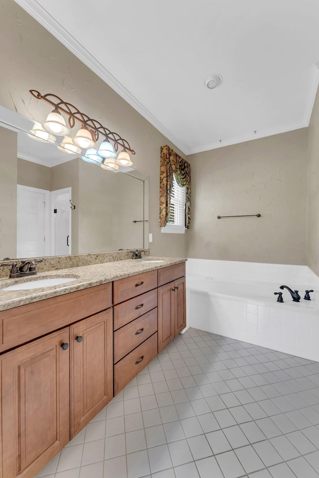 411 Royal Xing, Franklin, TN 37064 - full bathroom featuring double vanity, a garden tub, crown molding, and tile patterned floors