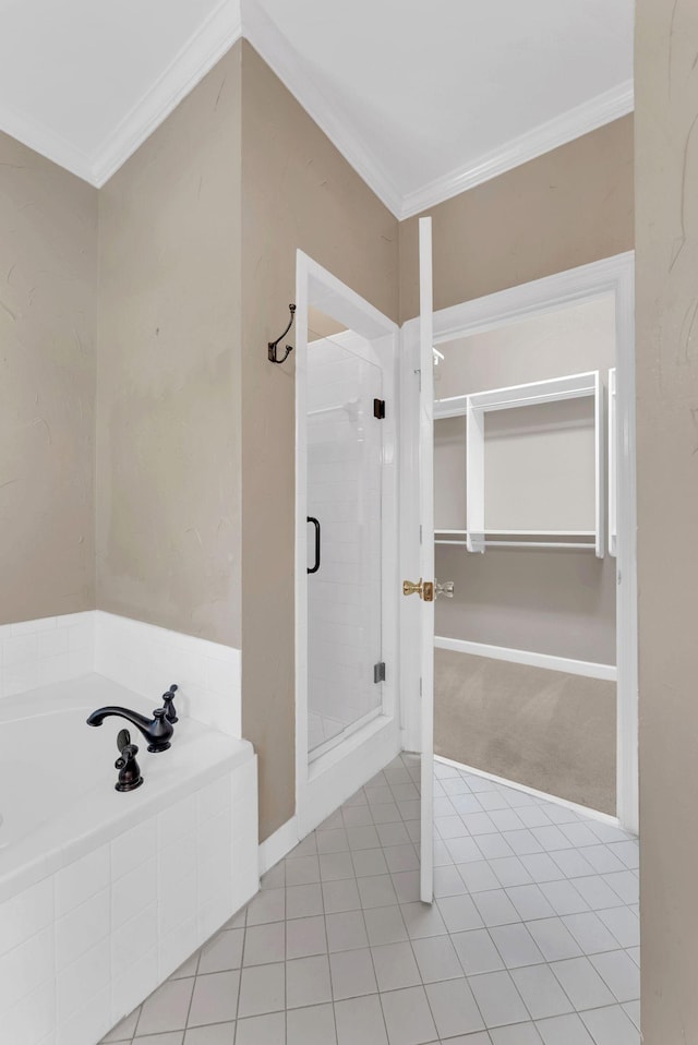 411 Royal Xing, Franklin, TN 37064 - bathroom with a garden tub, a shower stall, crown molding, and tile patterned floors