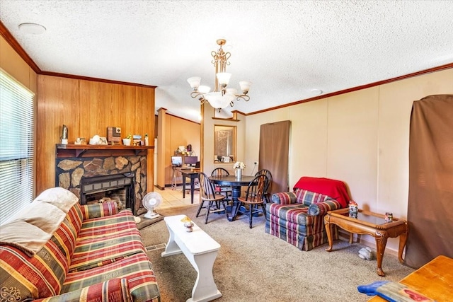 0 Ez Ln, Manchester, TN 37355 - living area with a chandelier, ornamental molding, carpet flooring, a textured ceiling, and a fireplace