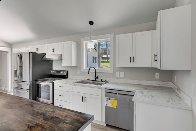 120 E Boiling Springs Rd E, Portland, TN 37148 - kitchen featuring appliances with stainless steel finishes, a sink, under cabinet range hood, and white cabinets