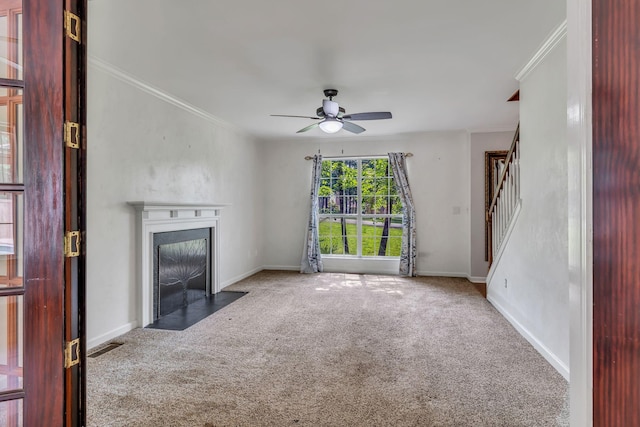 1510 Walnut Hills Dr, Chapel Hill, TN 37034 - unfurnished living room featuring a ceiling fan, carpet flooring, a fireplace with flush hearth, ornamental molding, and stairway
