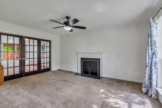 1510 Walnut Hills Dr, Chapel Hill, TN 37034 - unfurnished living room featuring french doors, ceiling fan, carpet floors, ornamental molding, and a fireplace with flush hearth