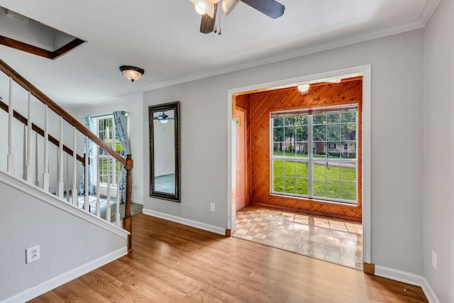1510 Walnut Hills Dr, Chapel Hill, TN 37034 - entrance foyer featuring ceiling fan, stairs, wood finished floors, and ornamental molding