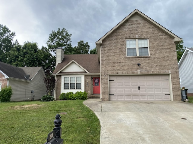2684 Hidden Ridge Ct, Clarksville, TN 37043 - traditional-style house featuring brick siding, a garage, concrete driveway, a front yard, and a chimney