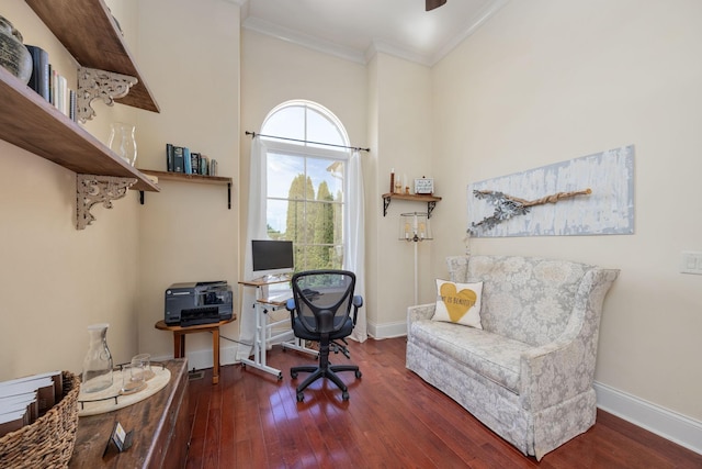 891 Fairington Pvt Way, Gallatin, TN 37066 - office area featuring ornamental molding, hardwood / wood-style flooring, baseboards, and a high ceiling